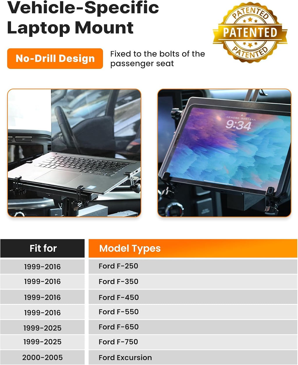 MELIPRON Truck Laptop Mount Fit for Ford F250-F750 1999-2026, Ford Excursion 2000-2005, No-Drilling Vehicle-Specific Laptop Holder with Cooling Fan Adjustable Height for Work on The Go