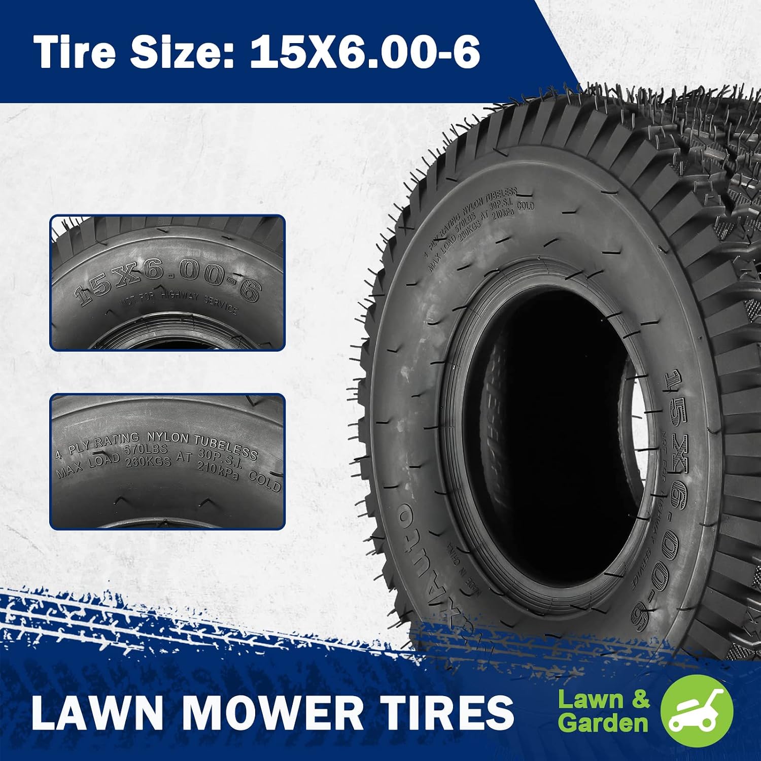MaxAuto Lawn Mower Tires 15x6.00-6 Front & 18x9.50-8 Rear Tire, for Lawnmowers, Riding Lawn Mower, Lawn Tractor, Golf Cart, 4 Ply Tubeless Tire, FOX V1, 4 Pack in 2 Packages