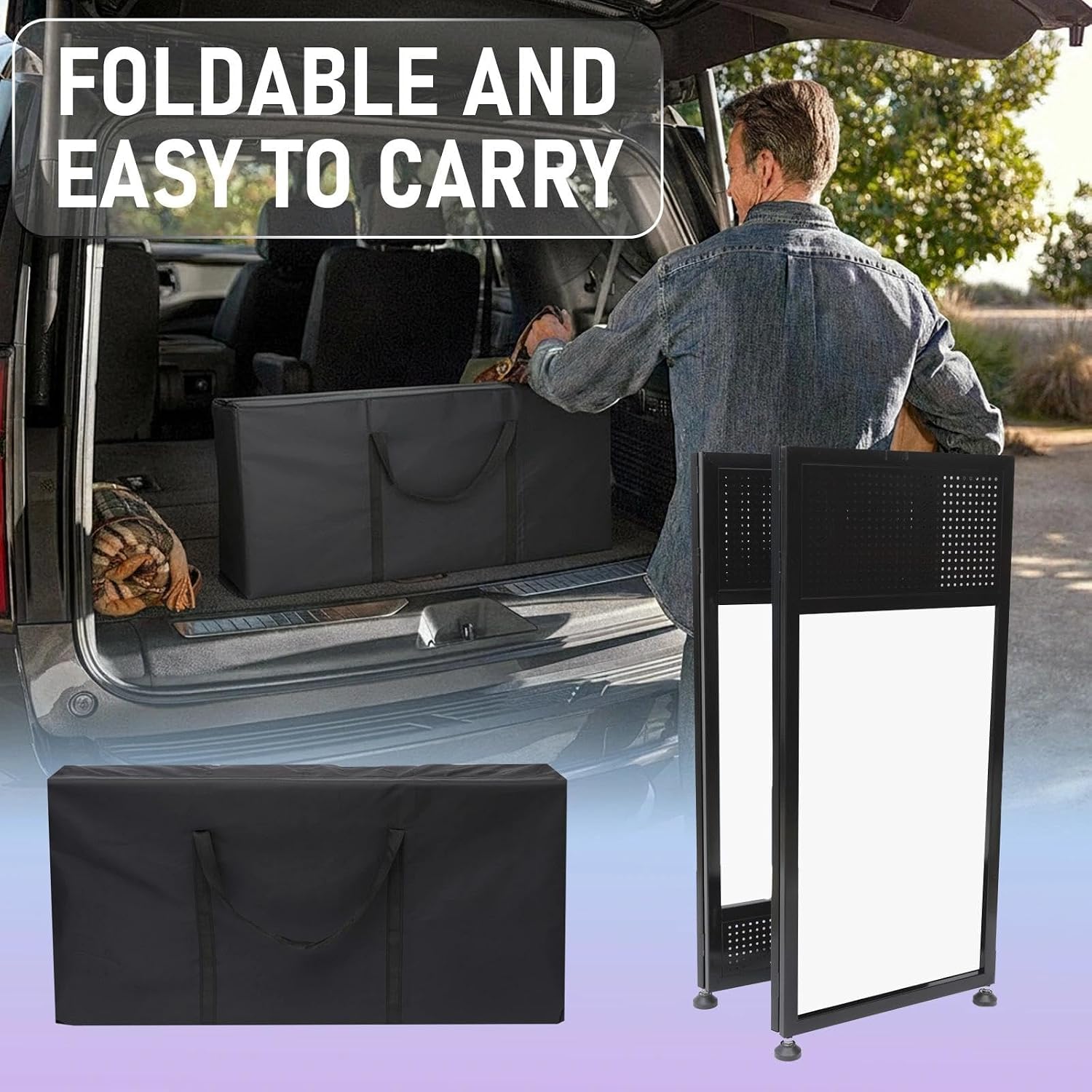 Portable DJ Booth Table, 41'L x 20'W DJ Table Stand Portable Booth Double Deck, Adjustable DJ Facade Station with White & Black Scrim, Foldable Metal Frame DJ Booth Panel for Parties, Wedding, Bars