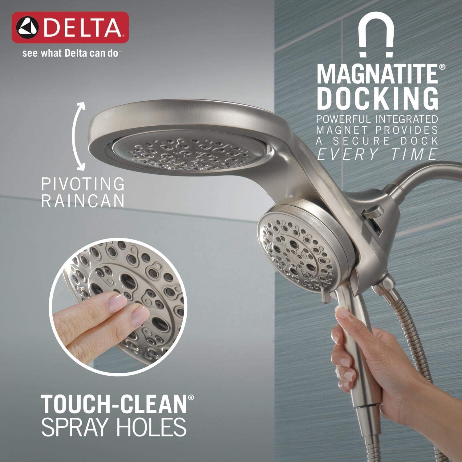 Delta Faucet HydroRain 5-Spray H2Okinetic Dual Shower Head with Handheld Spray, Chrome Shower Head with Hose, Handheld Shower Heads, Detachable Shower Head, 1.75 GPM Flow Rate, Chrome 58680