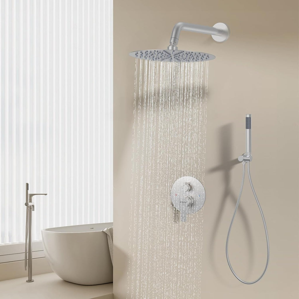 12-Inch Brushed Nickel Shower System: Ultimate High-Pressure Experience with Rainfall & Handheld Heads, Wall-Mounted Mixer, Rough-In Valve, & Trim Kit