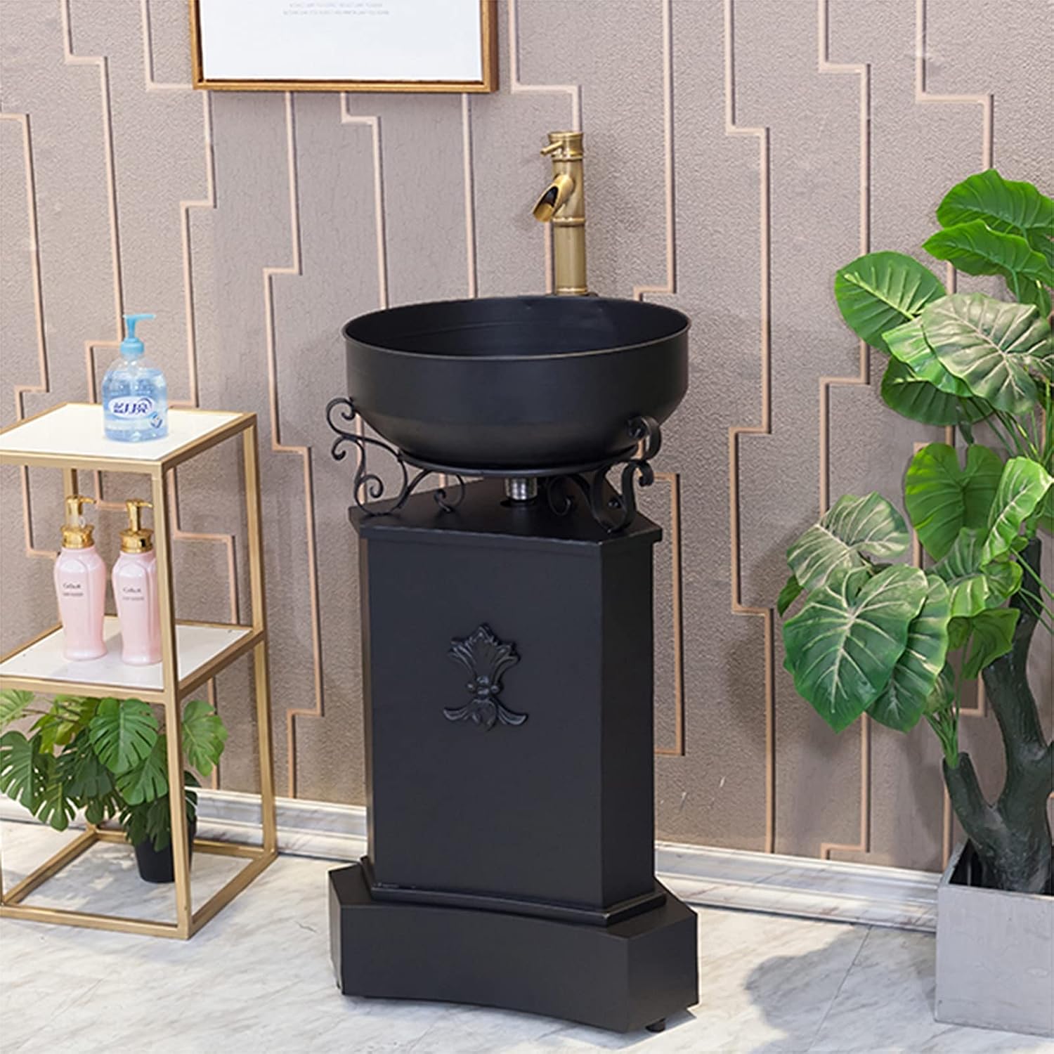 Free Standing Bathroom Vanity Unit, Industrial Style Wrought Iron Sink Bathroom Cabinet with Faucet and Drain 16.9 x 33.4 in,Orange, Black