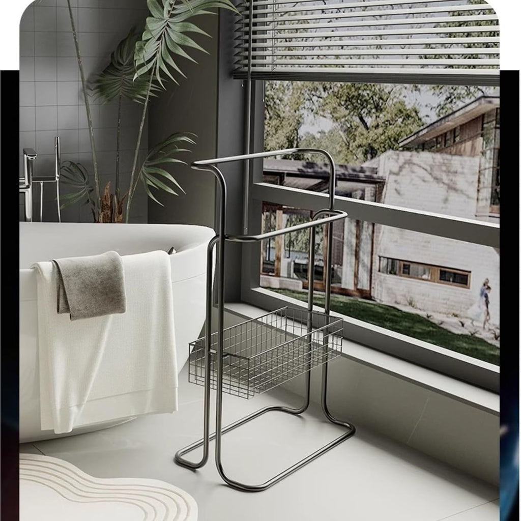Free Standing Towel Rack, Pool Wrought Iron Towel Rack Standing Dirty Laundry Basket Bathroom Large Storage(Black)