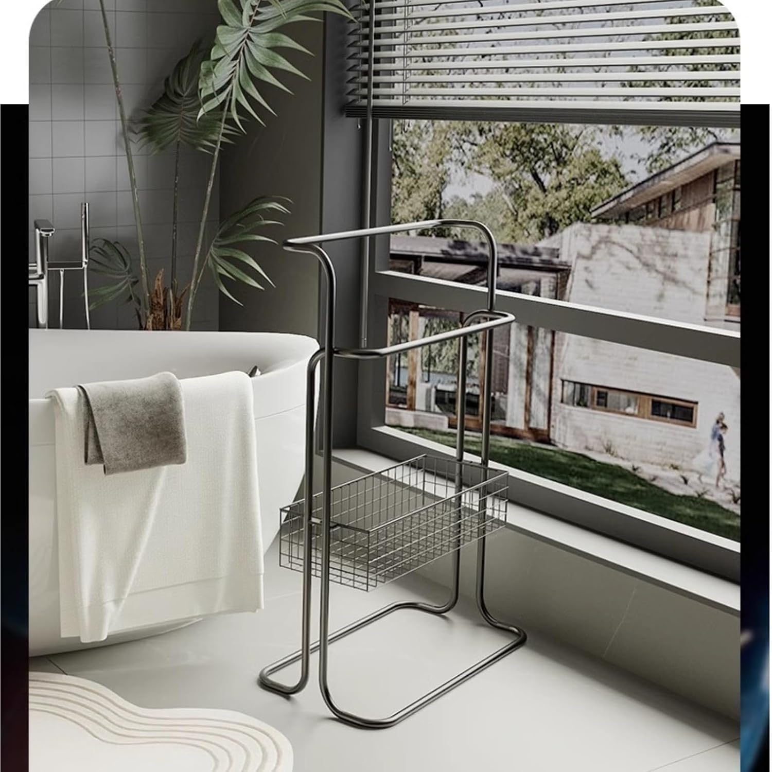 Free Standing Towel Rack, Pool Wrought Iron Towel Rack Standing Dirty Laundry Basket Bathroom Large Storage(Black)