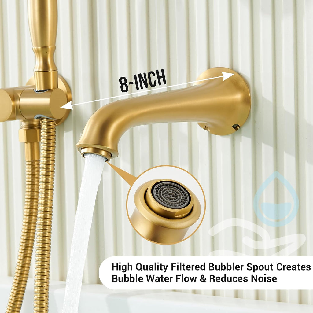 DASAN Antique Wall Mount Tub Filler Faucet with Hand Held Shower, Brushed Gold Brass Bathtub Faucet with Sprayer Wall Mounted Roman Bath Tub Faucet Set with High Flow Rough in Valve, AT201TF-BTG