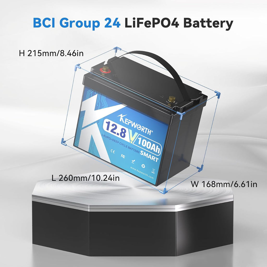 KEPWORTH 12.8V 100Ah Lithium Battery Bluetooth, Rechargeable Deep Cycle LiFePO4 Batteries BCI Group 24,100A Smart BMS, Perfect for Solar, Boat, RV, Backups, Motorhome, Trolling Motor
