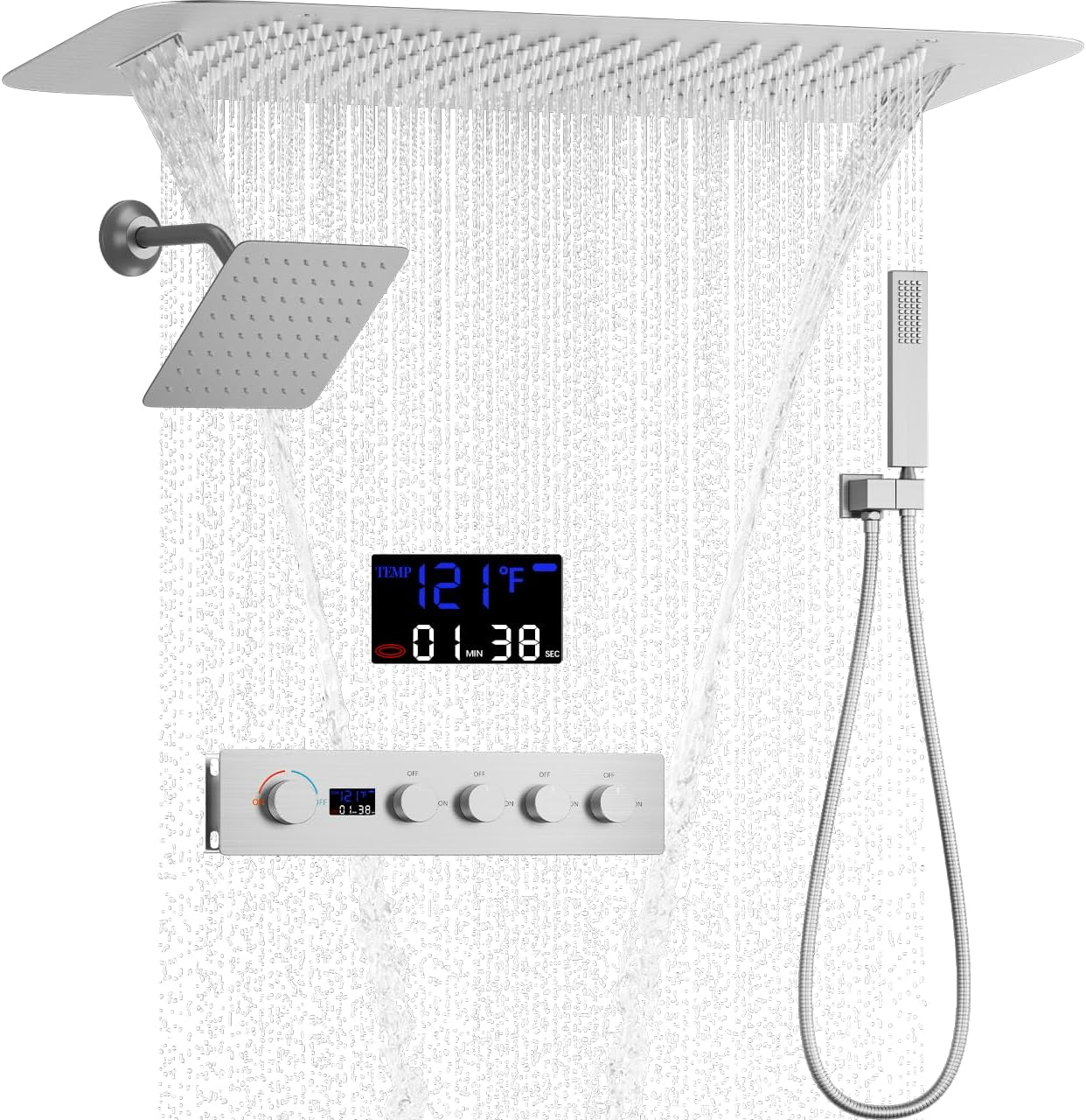 AYIVG Brushed Nickel 4 Function Dual Shower Head System 16 X 24 Inch Rainfall Waterfall And 8 Inch Wall Mount With Handheld shower head Digital Display Shower Valve Set