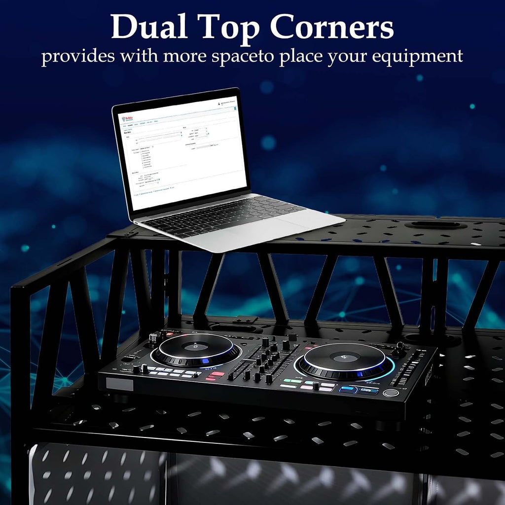 Portable DJ Booth Facade Stand, Foldable DJ Table 40' x 20' x 45' Tabletop, DJ Facade Station for DJ Controller, Mixer & LaptopEvents&Parties – Includes Carry Bag&Two Metal Corner Tables.