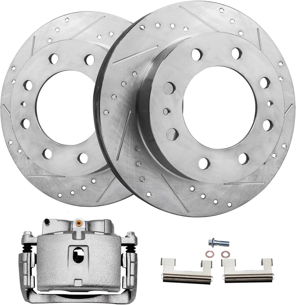 Detroit Axle - Front Brake Kit for Silverado Sierra Express Savana Yukon XL 2500 3500 Cadillac DeVille Hummer H2, Drilled & Slotted Disc Brake Rotors Brake Caliper Replacement