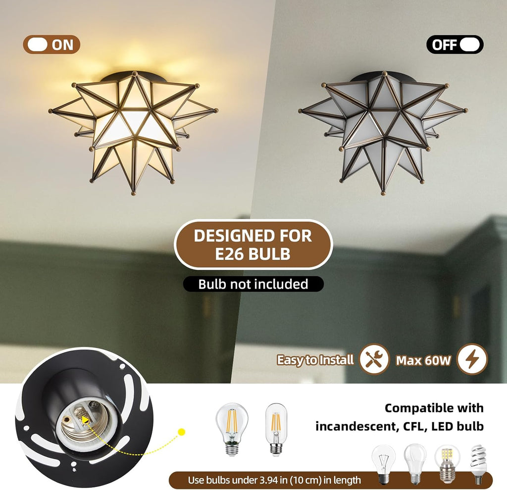 Black Moravian Star Ceiling Light - Oil Rubbed Bronze Vintage Antique Flush Mount Lighting - Art Deco Mid Century Milk Glass Fixture Lights for Hallway Bedroom Room Hall Entryway Laundry Foyer Kitchen