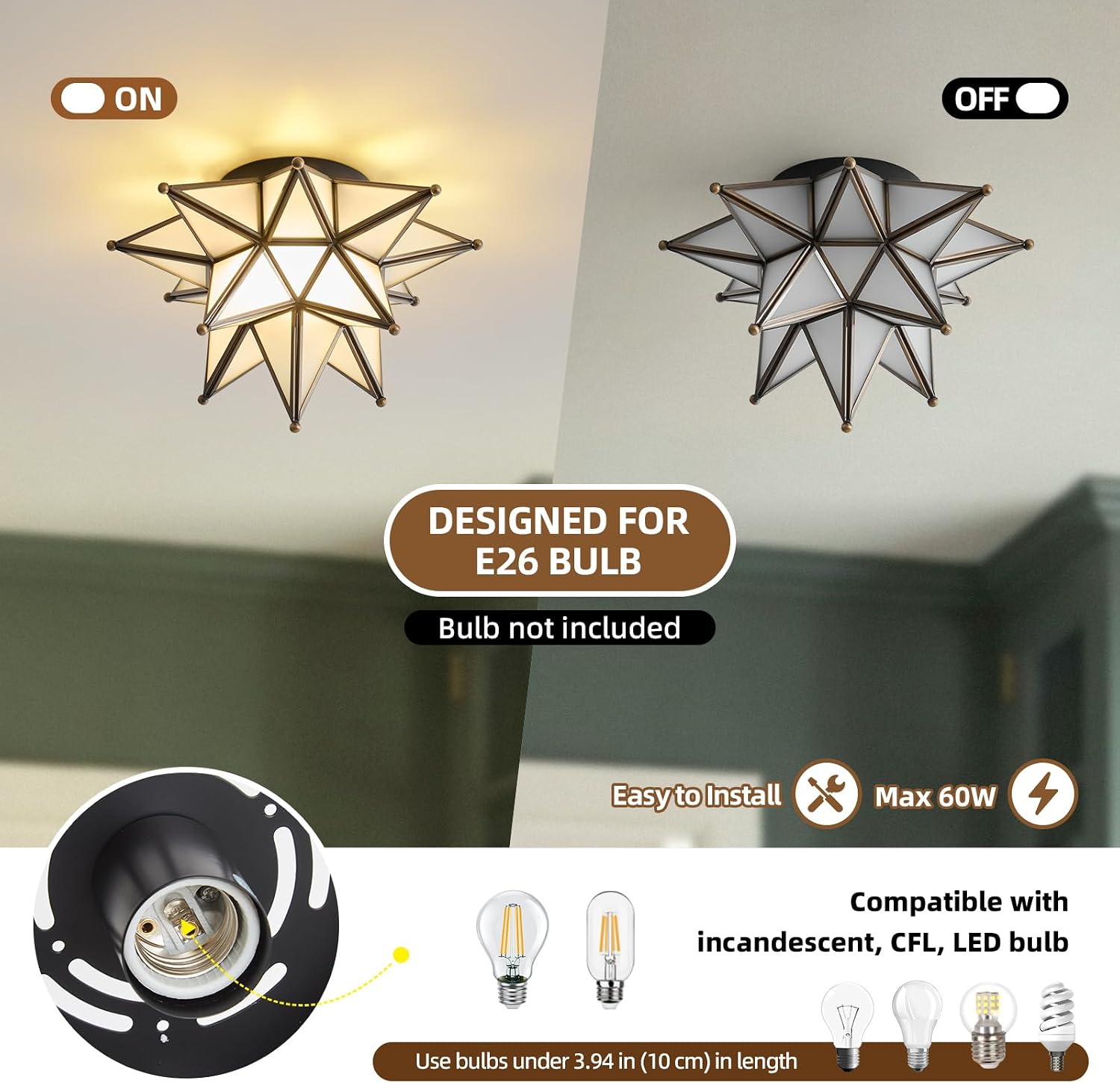 Black Moravian Star Ceiling Light - Oil Rubbed Bronze Vintage Antique Flush Mount Lighting - Art Deco Mid Century Milk Glass Fixture Lights for Hallway Bedroom Room Hall Entryway Laundry Foyer Kitchen