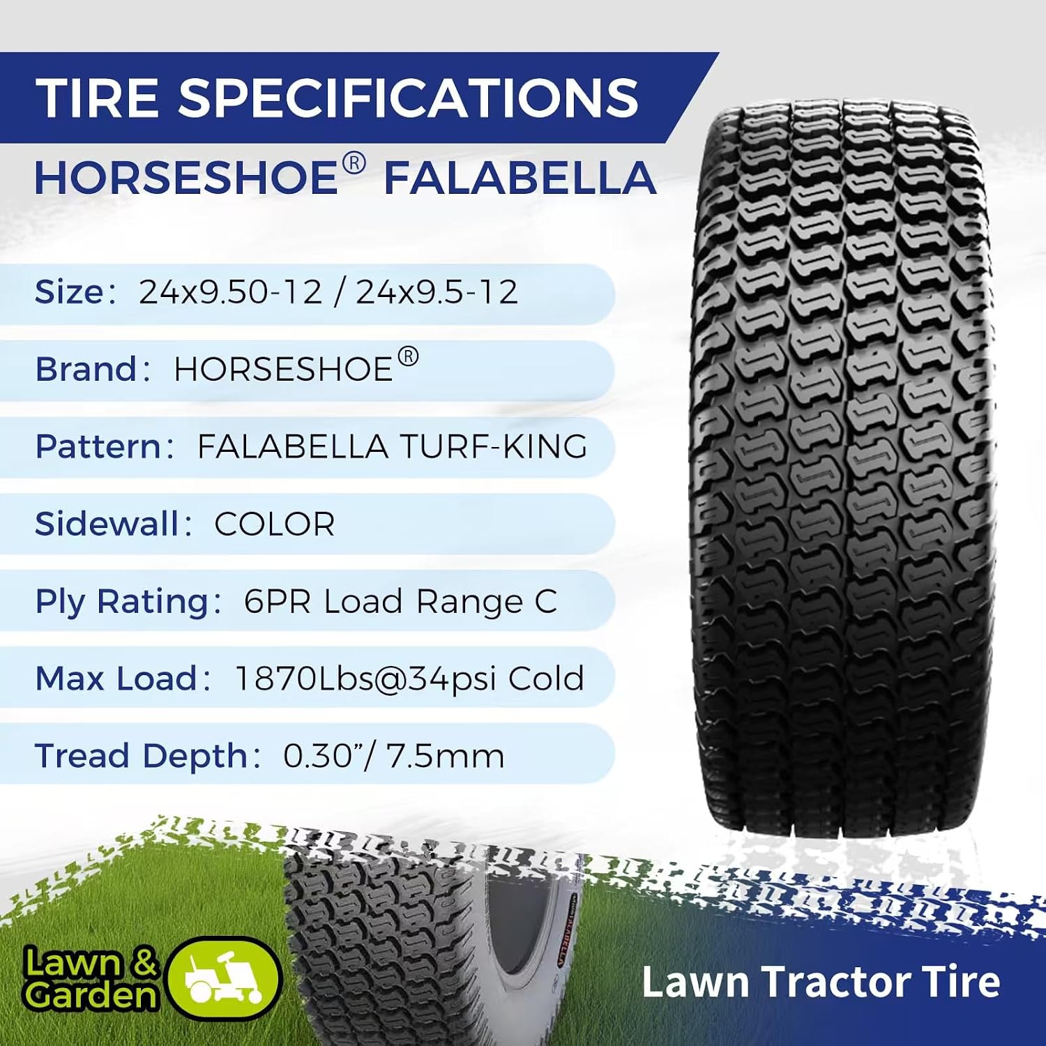 HORSESHOE FALABELLA (2-Pcs) 24X9.50-12 6-PLY LRC Lawn Mower 24x9.5x12 Riding Machine Golf Carts 24x9.5-12 Turf Equipment & Tractors Tires, Heavy Duty Turf-King, Color Sidewall