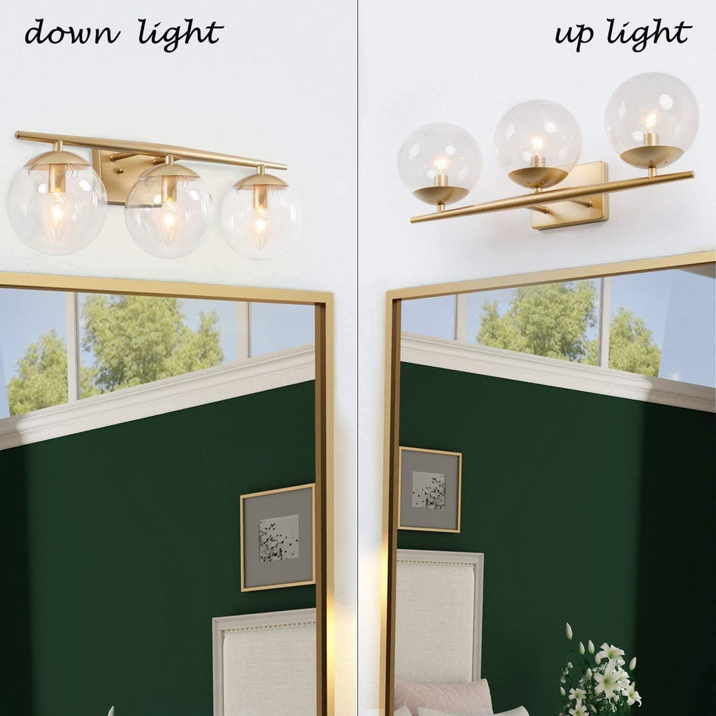 KSANA Gold Vanity Light,3 Modern Bathroom Fixture with Clear Globe Glass Shades and Taper Arm
