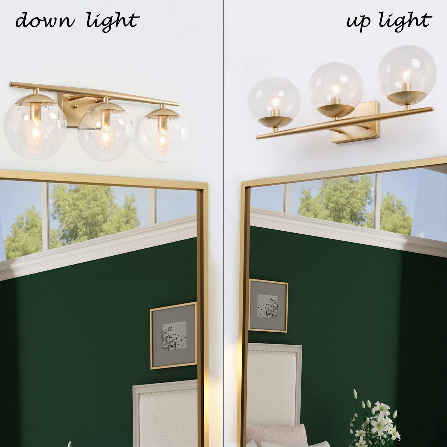 KSANA Gold Vanity Light,3 Modern Bathroom Fixture with Clear Globe Glass Shades and Taper Arm