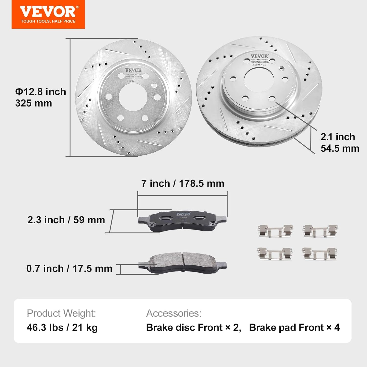VEVOR Front Brake Kit Compatible with 2007-2017 Chevy Traverse, Buick Enclave, GMC Acadia, Saturn Outlook, Drilled and Slotted Brake Rotors Ceramic Brake Pads Replacement Kit, 12.8' Front Rotors