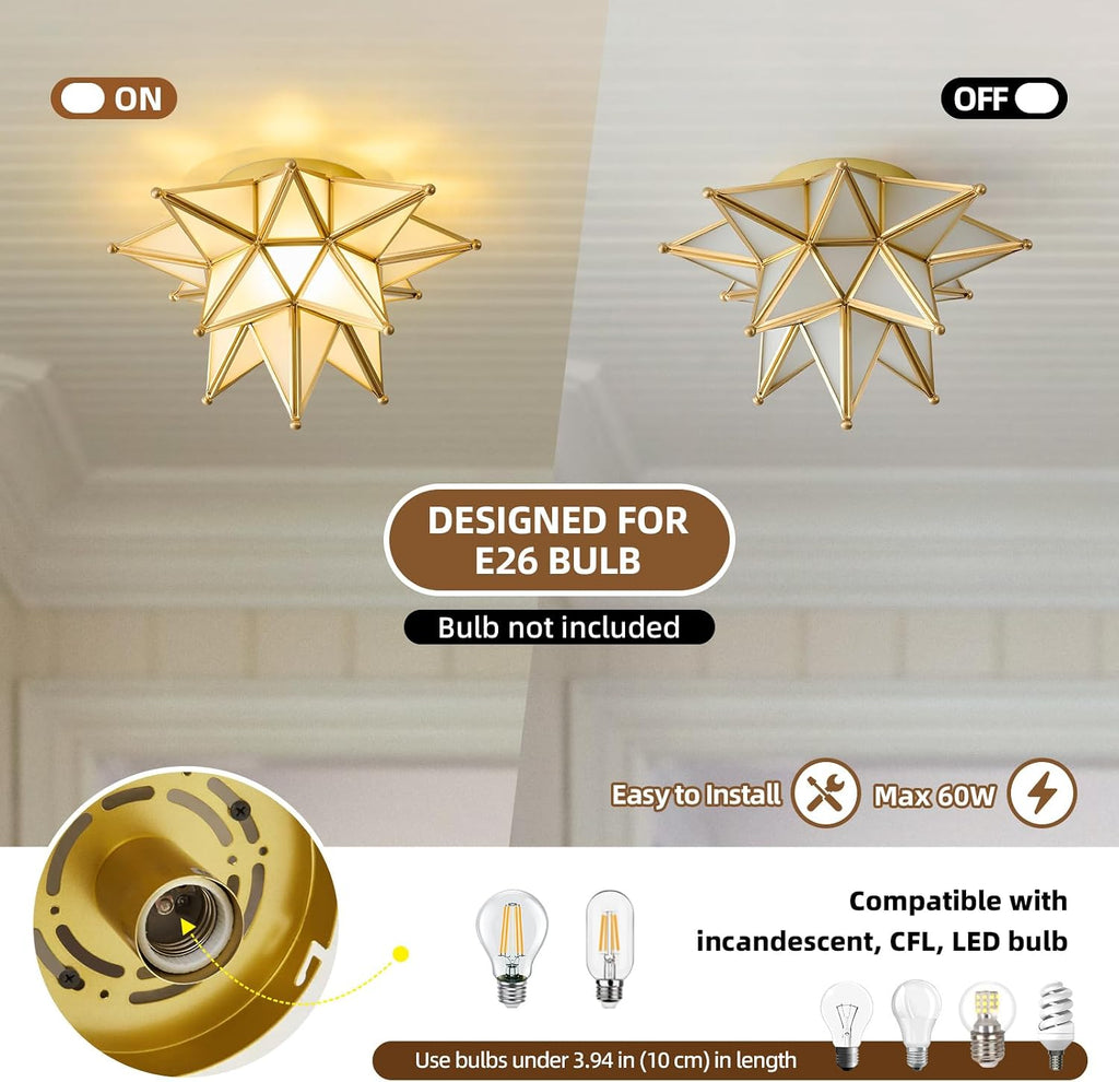 Moravian Brass Star Ceiling Light - Gold Vintage Antique Flush Mount Lighting - Art Deco Mid Century Milk Glass Fixture Lights for Hallway Bedroom Room Hall Entryway Laundry Foyer Kitchen Schoolhouse