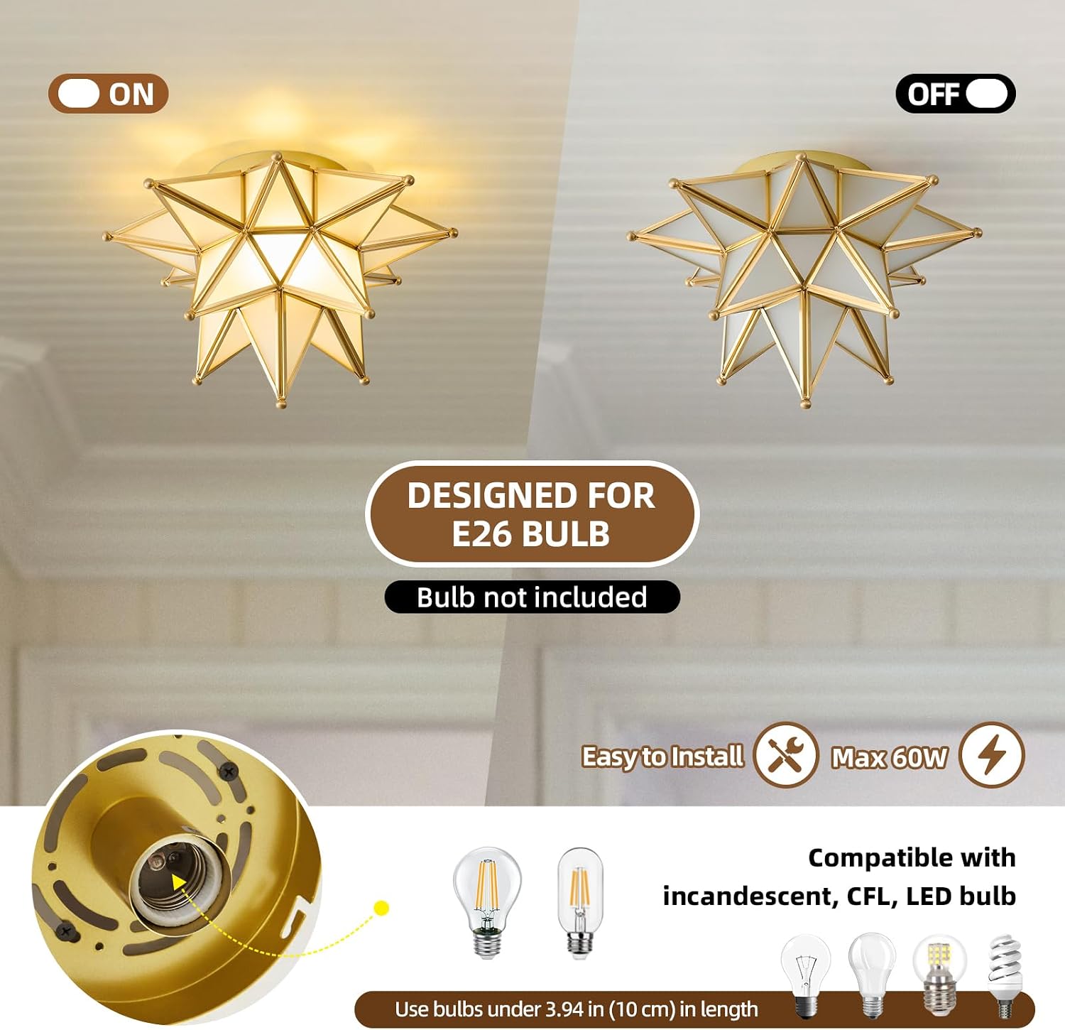 Moravian Brass Star Ceiling Light - Gold Vintage Antique Flush Mount Lighting - Art Deco Mid Century Milk Glass Fixture Lights for Hallway Bedroom Room Hall Entryway Laundry Foyer Kitchen Schoolhouse