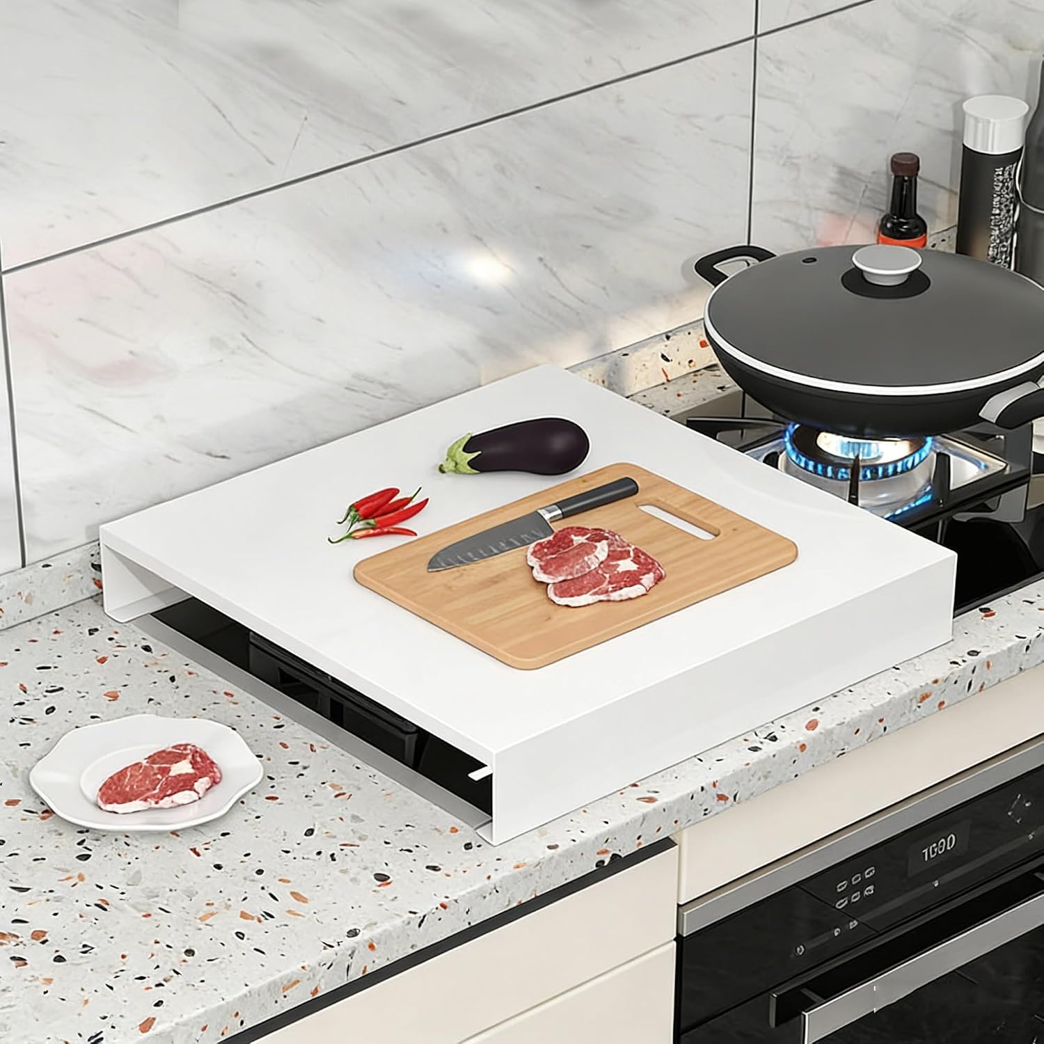 Stove Burner Covers Stovetop Cover White L-Shaped Folded Edge Induction Cooker Holder for Counter Space, Sink, Rv，Electric Stove(80x50x9 cm)