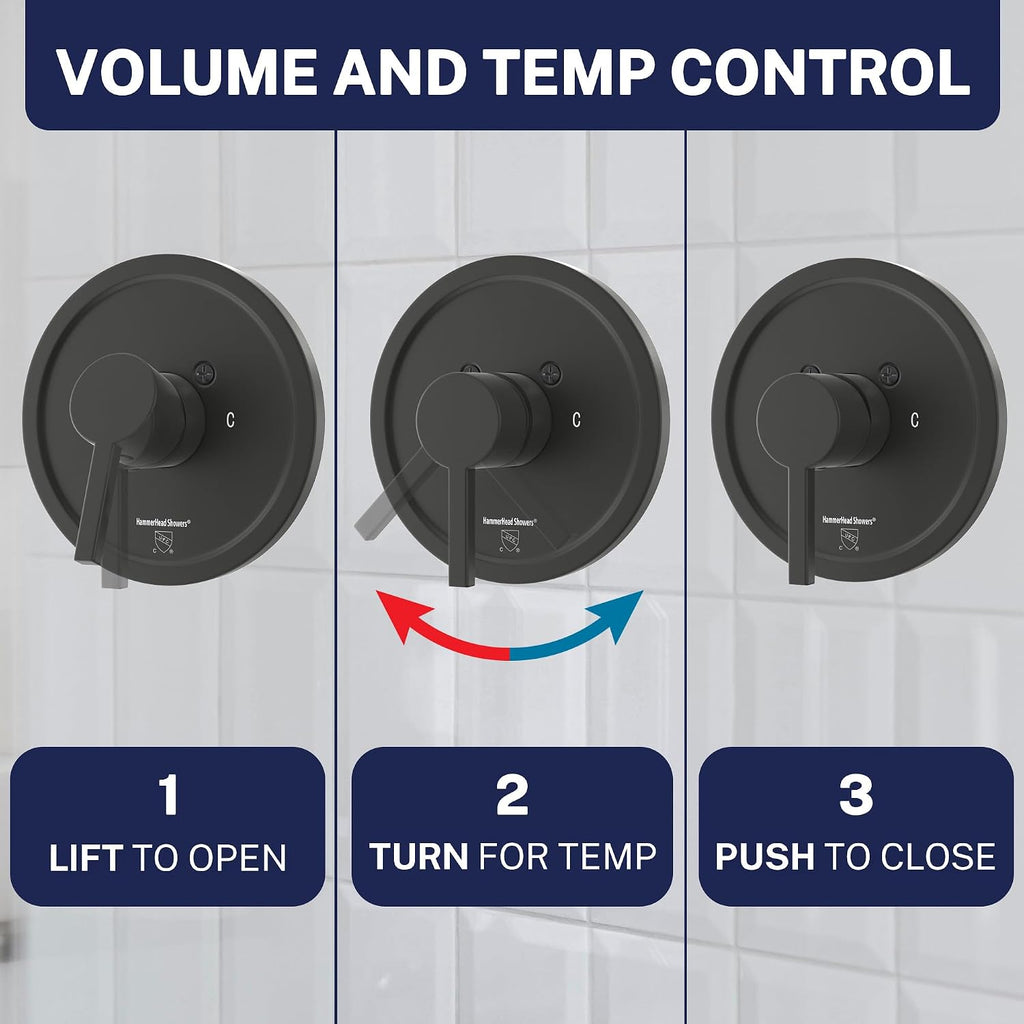 HammerHead Showers Solid Metal Single-Handle Trim Kit with Rough-In Shower Valve, Volume and Temperature Control, Pressure Balance, Matte Black