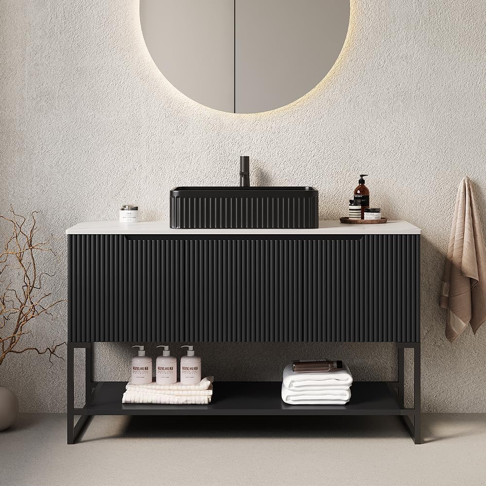 48' Bathroom Vanity with Vessel Sink & 3 Soft-Closing Doors & Open Shelf, Freestanding Bathroom Cabinet with Ceramic Basin and Carrara White Sintered Stone Counter Top-Colmar, Black