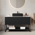 48' Bathroom Vanity with Vessel Sink & 3 Soft-Closing Doors & Open Shelf, Freestanding Bathroom Cabinet with Ceramic Basin and Carrara White Sintered Stone Counter Top-Colmar, Black