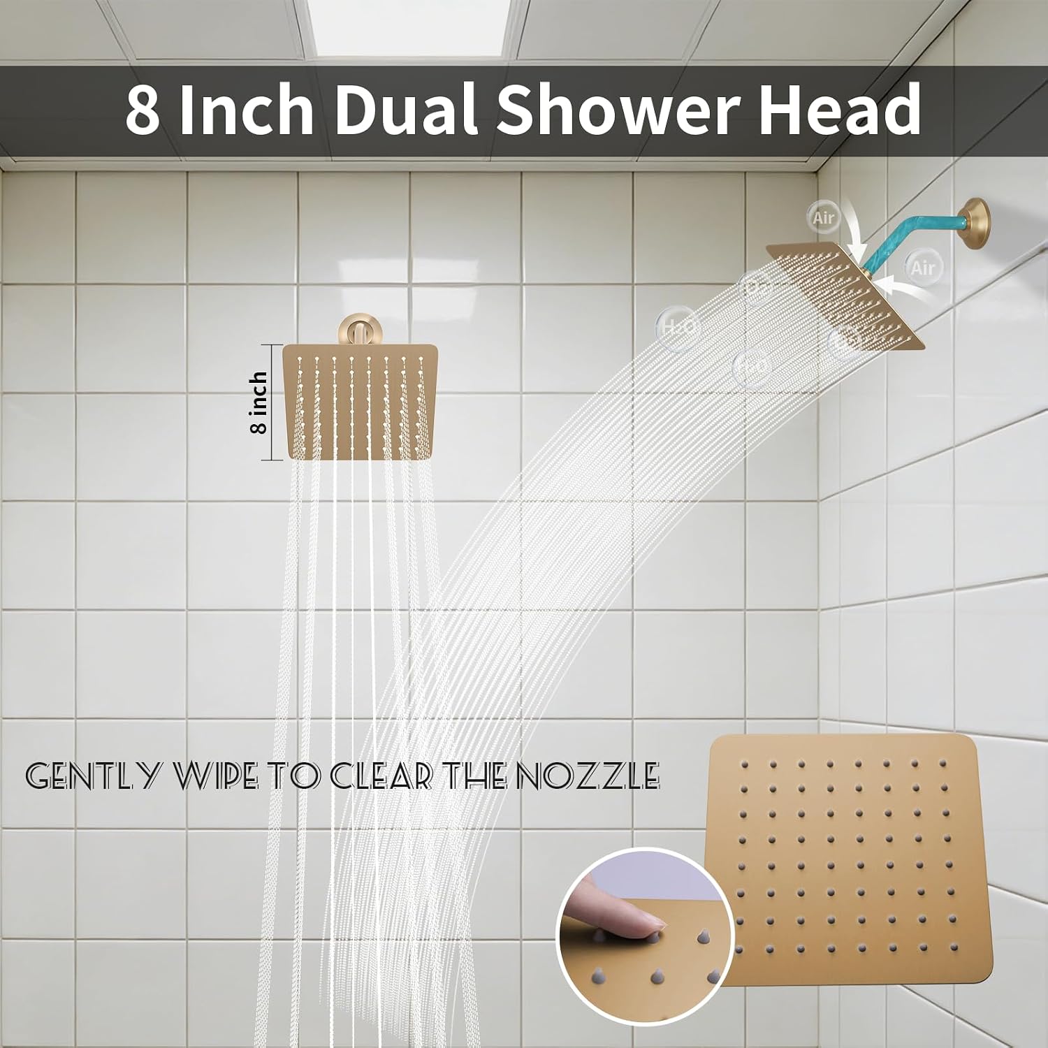 Brushed Gold Shower System with 3 Rain Shower Head(12+8+8 inch), Handheld Spray, 4 Way Smart Temperature Display Shower Faucet set