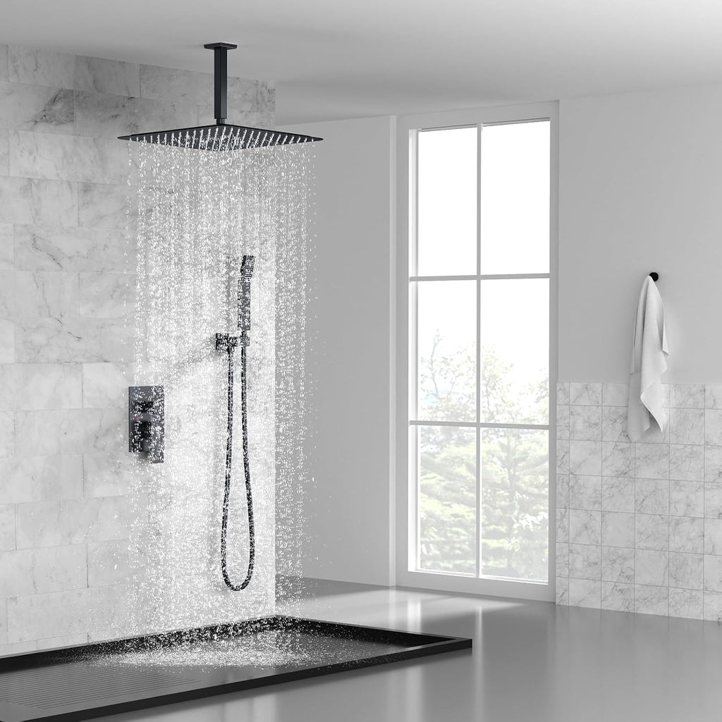 SR SUN RISE 16 Inches Matte Black Shower Set System Bathroom Luxury Rain Mixer Shower Combo Set Ceiling Mounted Rainfall Shower Head Faucet (Contain Shower Faucet Rough-In Valve Body and Trim)