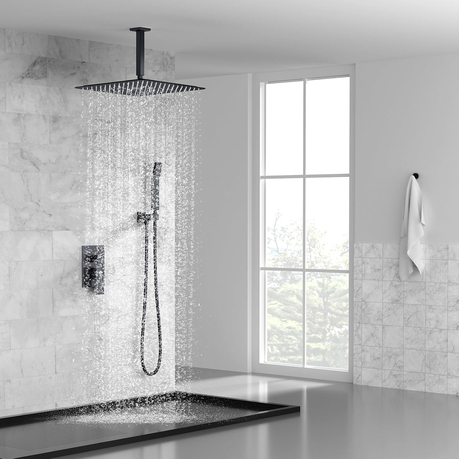 SR SUN RISE 16 Inches Matte Black Shower Set System Bathroom Luxury Rain Mixer Shower Combo Set Ceiling Mounted Rainfall Shower Head Faucet (Contain Shower Faucet Rough-In Valve Body and Trim)