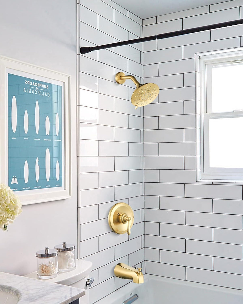 Shower Faucet Set Brushed Gold: Single Handle Bathtub Trim Kit with 6 Inch Rain Shower Head and Tub Spout, High Pressure Faucet Set for Bathtub (Brass Valve Included)