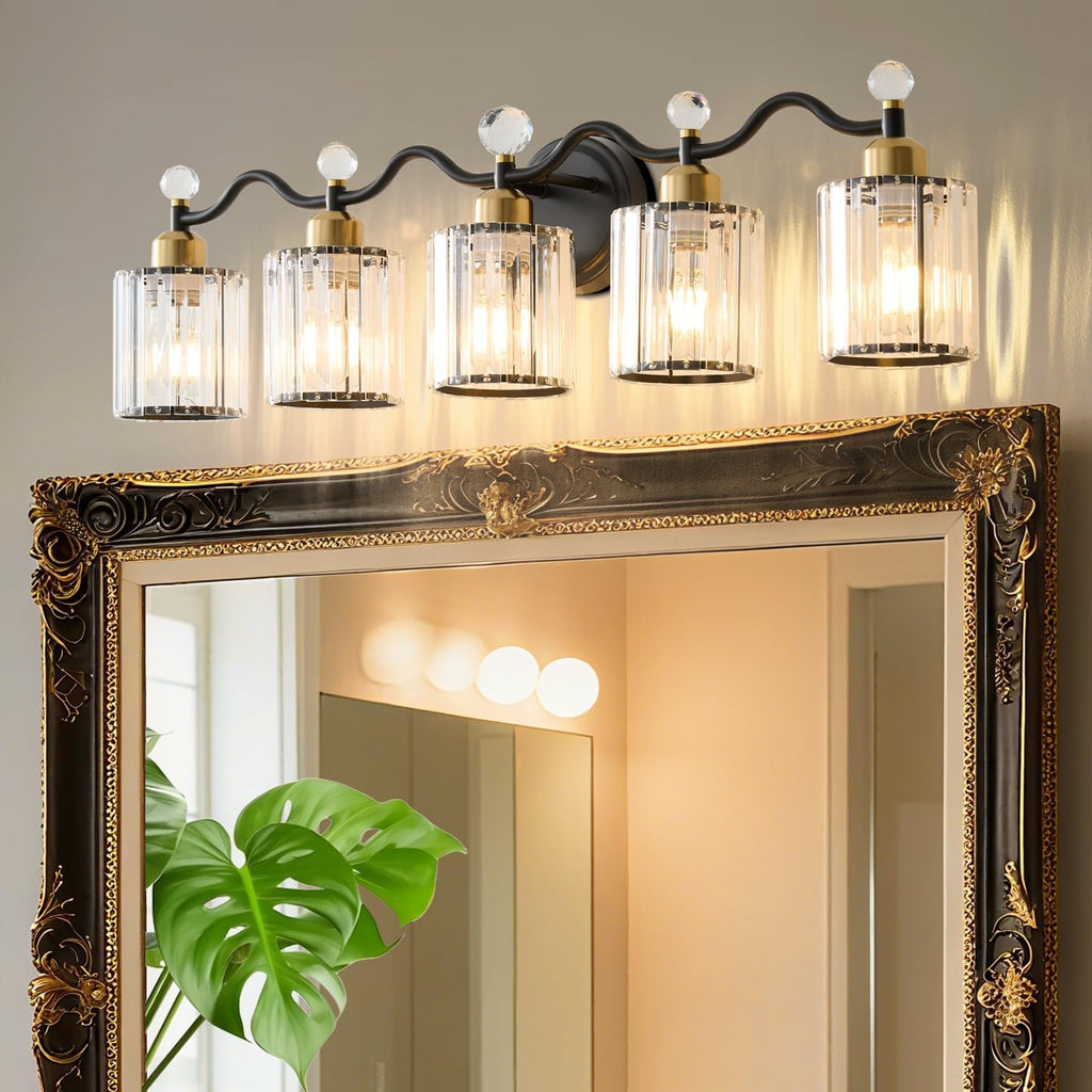 5 Light Vanity Light, Modern Black and Gold Crystal Bathroom Vanity Lighting Fixtures, Bath Wall Mount Lights with Clear Crystal Glass Shade, Wall Sconce Light for Mirror Bedroom Living Room, E26 Base