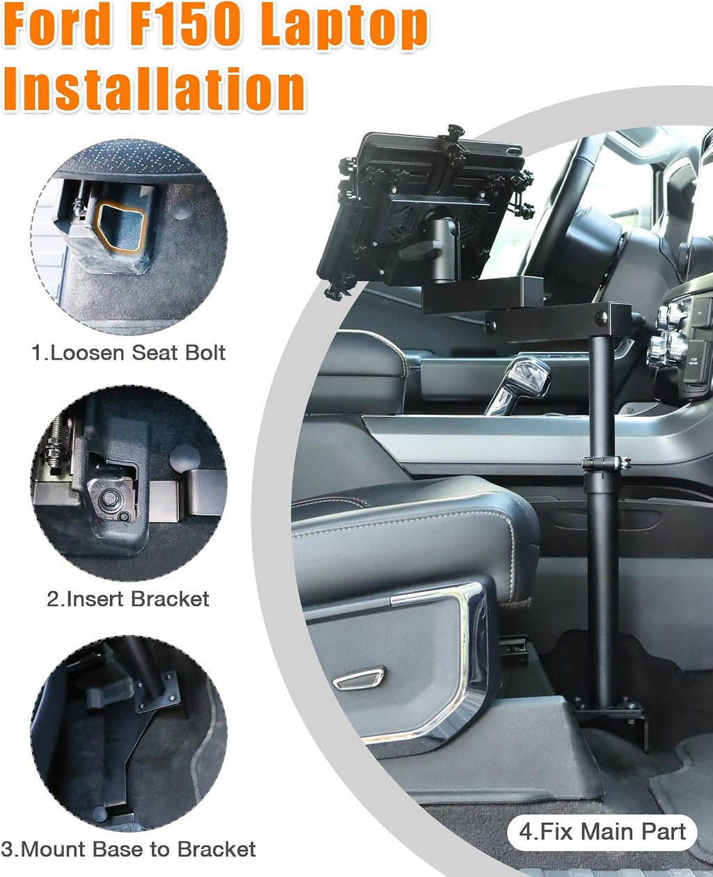 MELIPRON Truck Laptop Mount Fit for 15-25 Ford F150, 17-25 F250, F350, F550, No-Drilling Vehicle Computer Stand for Passenger Seat, Adjustable Height, 2 Built-in Cooling Fans
