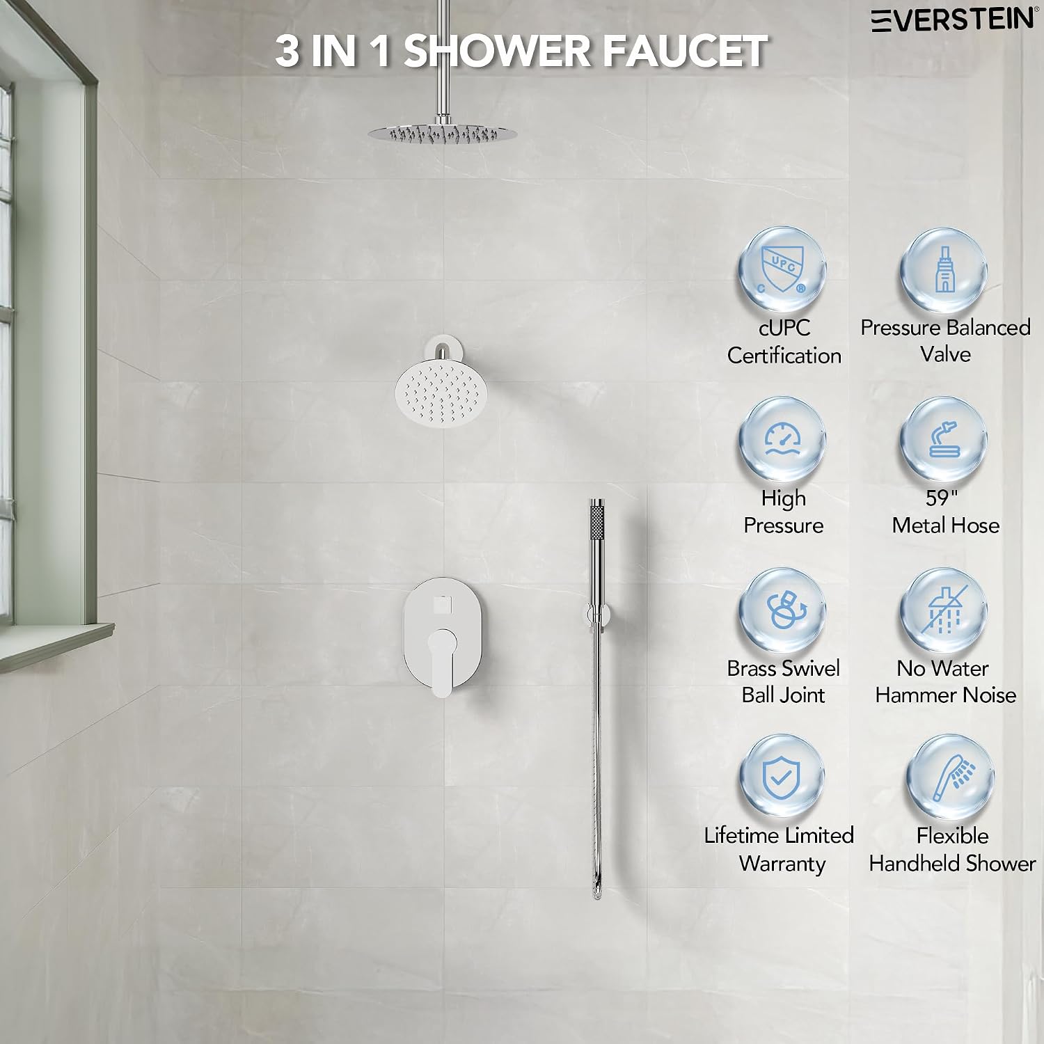Ceiling Mount 10' High-Pressure Rainfall Shower Faucet, Dual Rainfall Shower Head System with Valve (Polished Chrome)