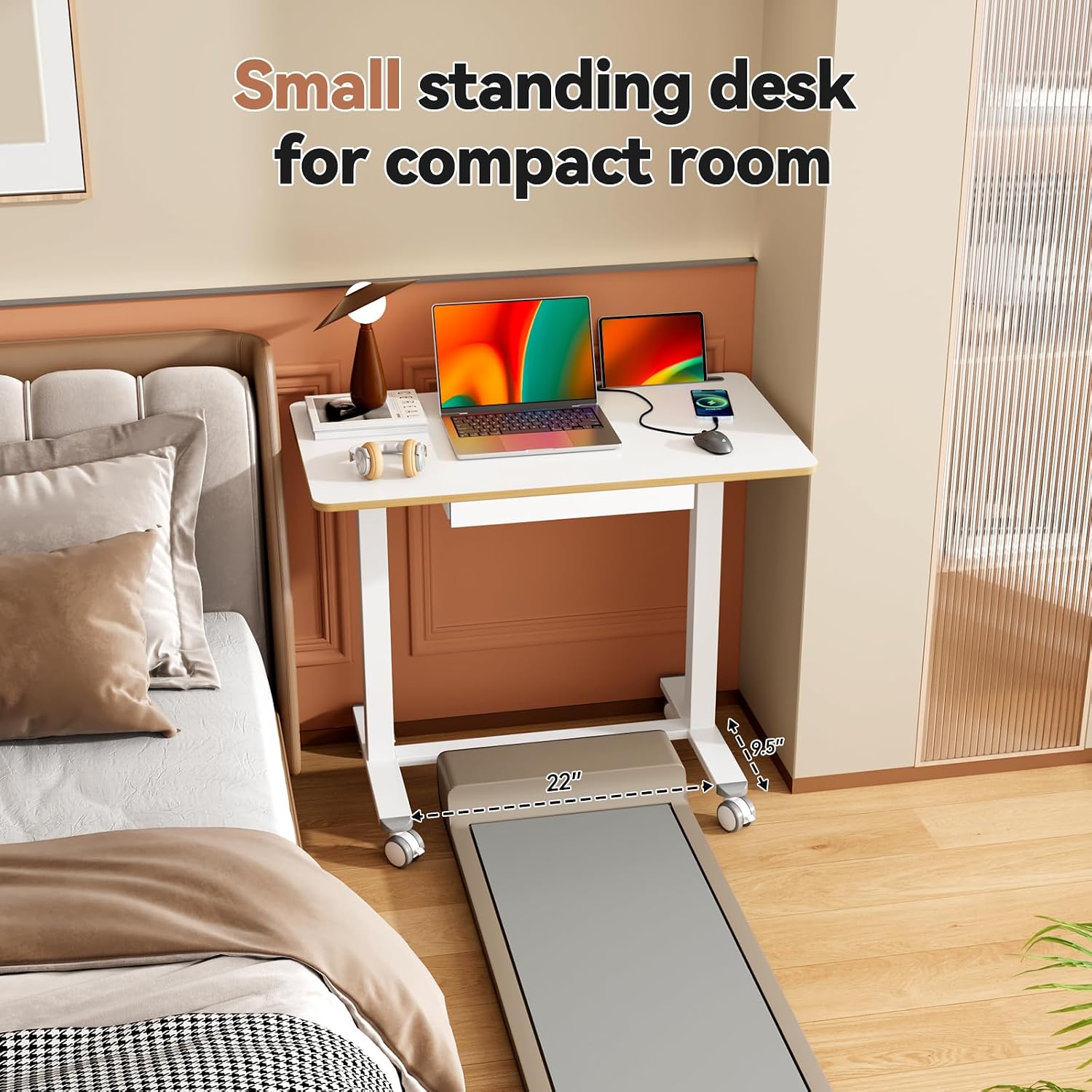 Mobile Standing Desk, 35inch Small Rolling Table with Drawer, Height Adjustable Sit Stand Workstation, White Portable Laptop Cart with Hidden Wheels or Lockable Casters