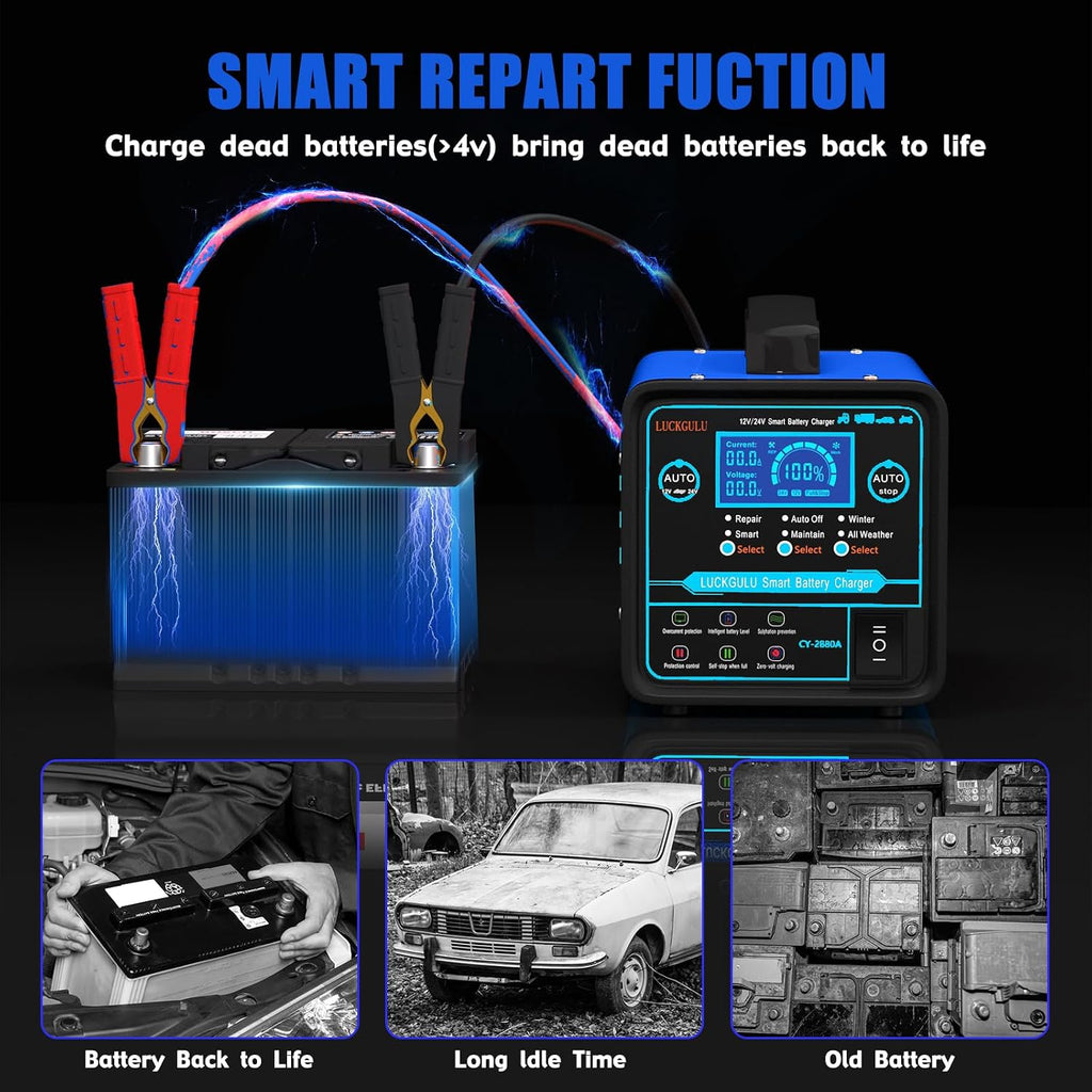 12V/24V Car Battery Chargers Heavy Duty, 15A Automatic Battery Maintainer with Auto Shutoffs, Repair, Winter Mode, High/Low Power Smart Trickle Charger and Desulfator,for Boat,Motorcycle
