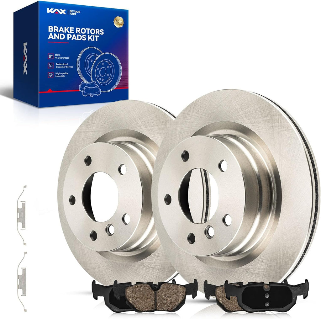KAX Rear Brake Pads and Rotors for BMW 328i 2007-2013, BMW 325i 2006, Smooth Vented Disc Brake Rotor Ceramic Brake Pad Replacement (#34315+D1171, 11.81inch, 299.9MM)