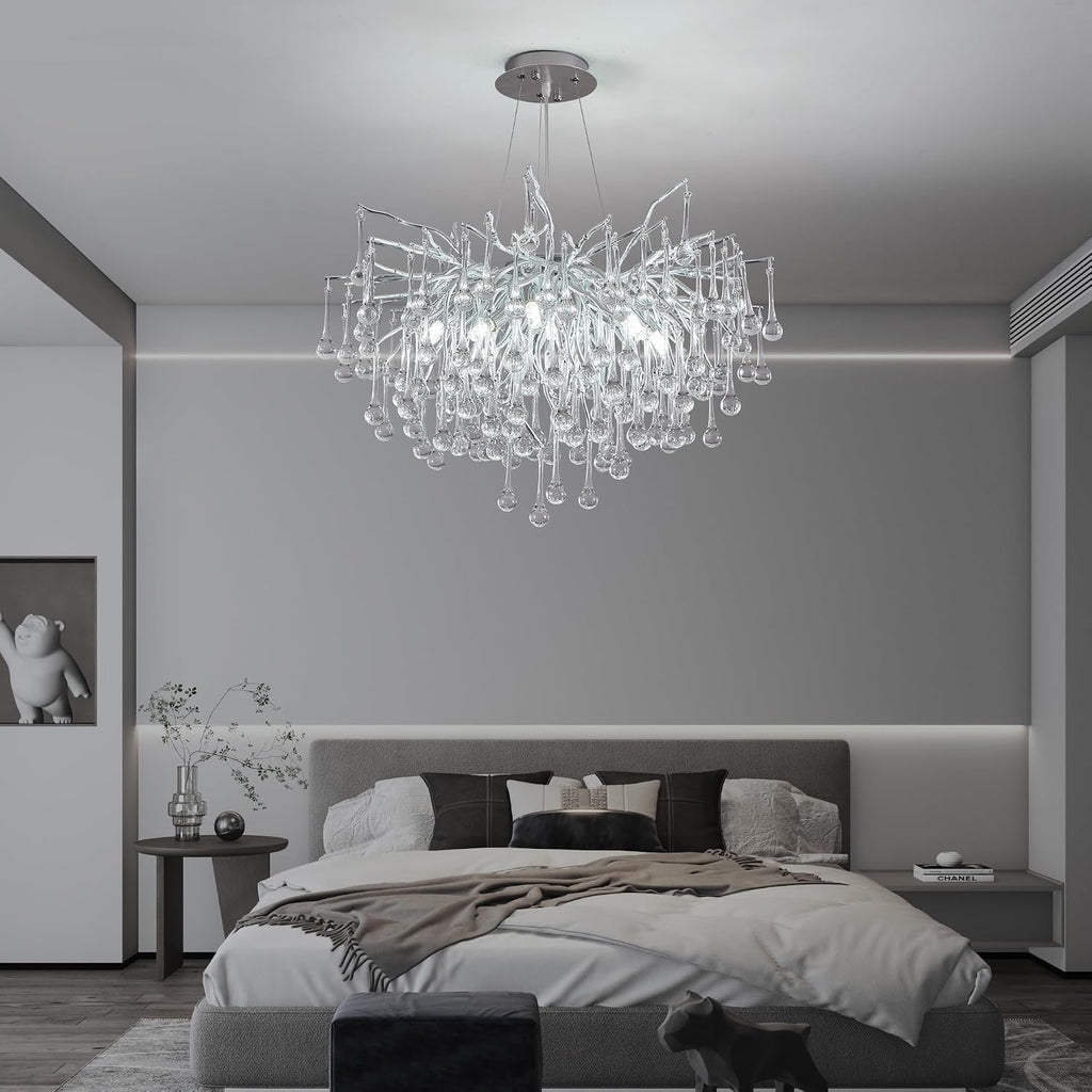 Modern Crystal Raindrop Chandelier, Silver Round Art Deco Tree Branch Lighting Fixture for Dining Room Living Room Foyer 13 Lights D31.5''
