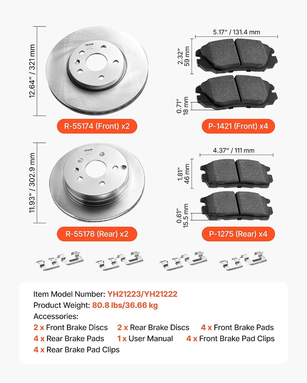 VEVOR Front and Rear Brake Kit Compatible with 2010-2017 Chevrolet Equinox, 2010-2017 GMC Terrain, Hollow Brake Rotors Ceramic Brake Pads Replacement Kit, 12.7 in Front Rotors, 12 in Rear Rotors