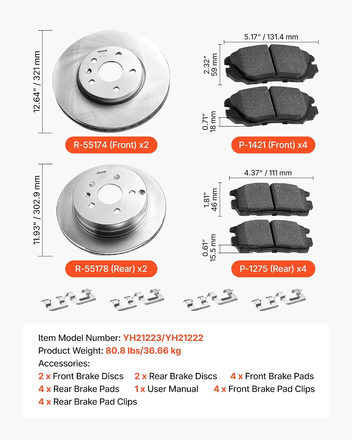 VEVOR Front and Rear Brake Kit Compatible with 2010-2017 Chevrolet Equinox, 2010-2017 GMC Terrain, Hollow Brake Rotors Ceramic Brake Pads Replacement Kit, 12.7 in Front Rotors, 12 in Rear Rotors