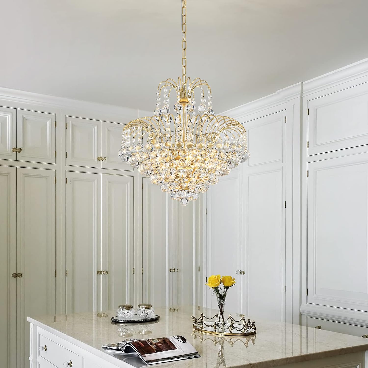 WUZUPS Crystal Chandelier Pendant Flushmount Ceiling Light Modern Lighting Fixture for Bedroom Hallway Bar Kitchen Bathroom, H 17.3' x W 18.9', Gold, E12 Base