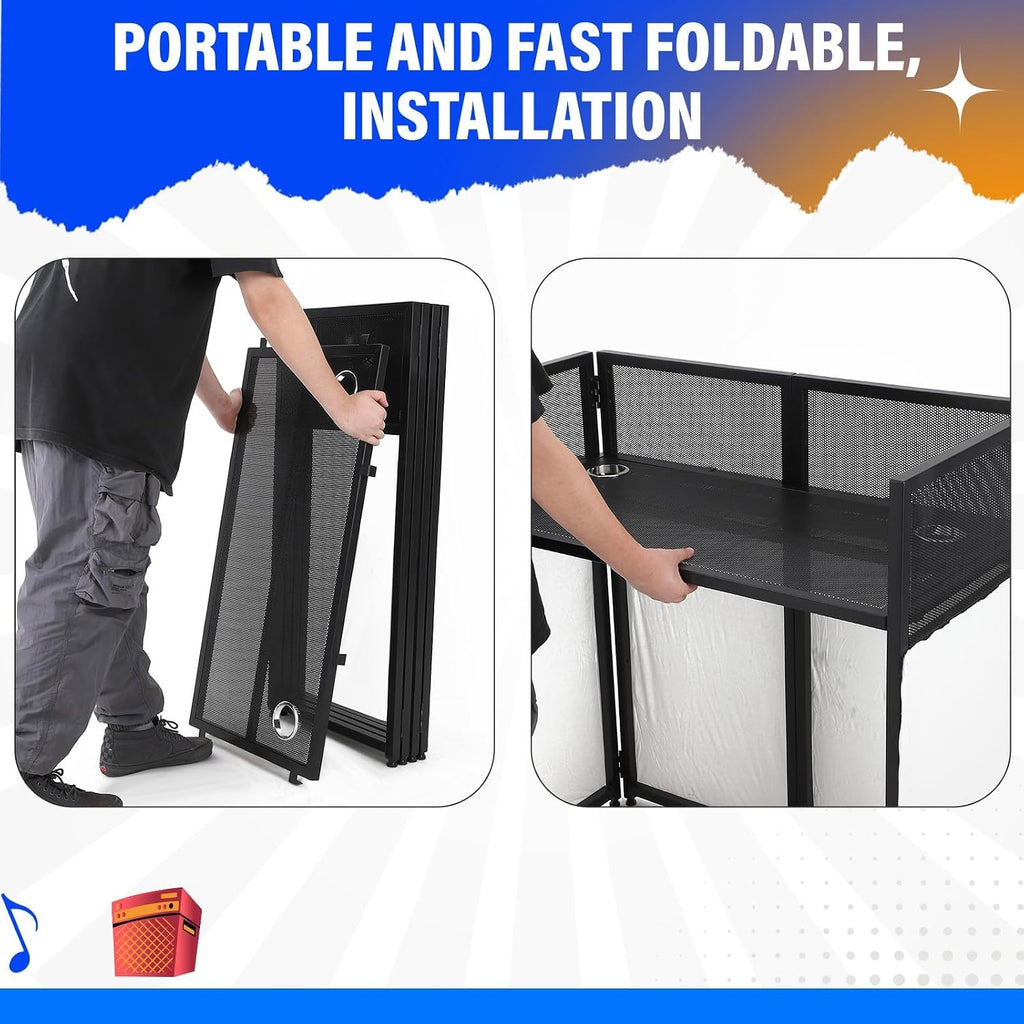 Portable DJ Facade Booth,52'L x 48'H x 26'W DJ Table Facade With White & Black Scrim,Foldable Metal Frame DJ Table Stand Station With Adjustable Feet for Party