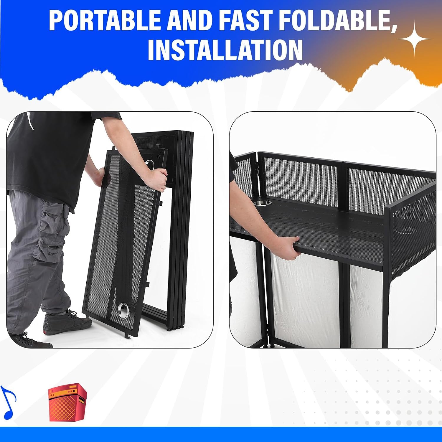 Portable DJ Facade Booth,52'L x 48'H x 26'W DJ Table Facade With White & Black Scrim,Foldable Metal Frame DJ Table Stand Station With Adjustable Feet for Party