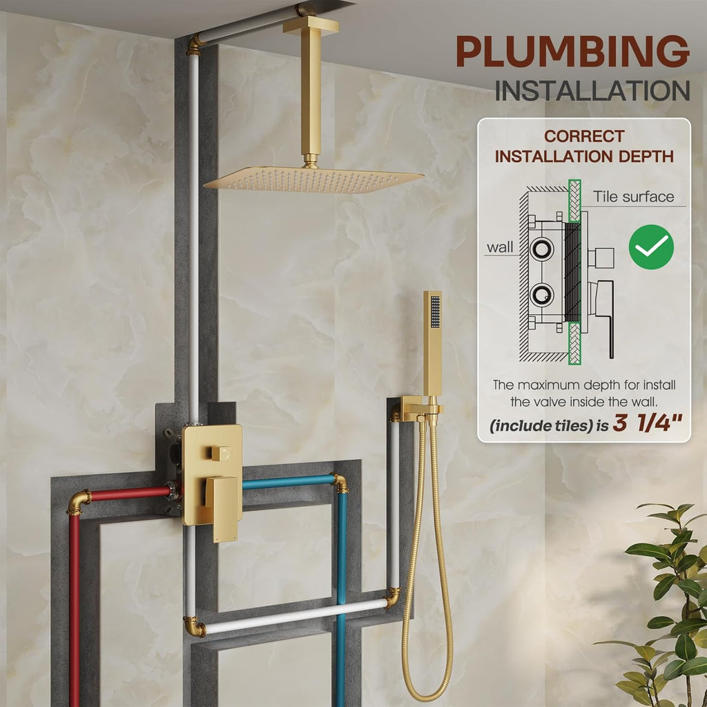 Ceiling Mount Shower System, Gold Shower Faucet Set with 12-Inch Rain Showerhead and Handheld Spray Combo, High-Pressure Showerheads Set with Valve and Trim Kit, Brushed Gold