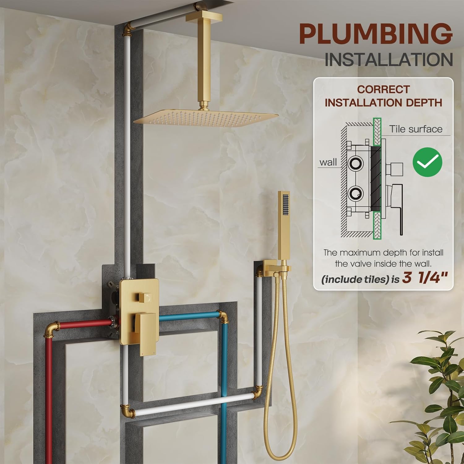 Ceiling Mount Shower System, Gold Shower Faucet Set with 12-Inch Rain Showerhead and Handheld Spray Combo, High-Pressure Showerheads Set with Valve and Trim Kit, Brushed Gold