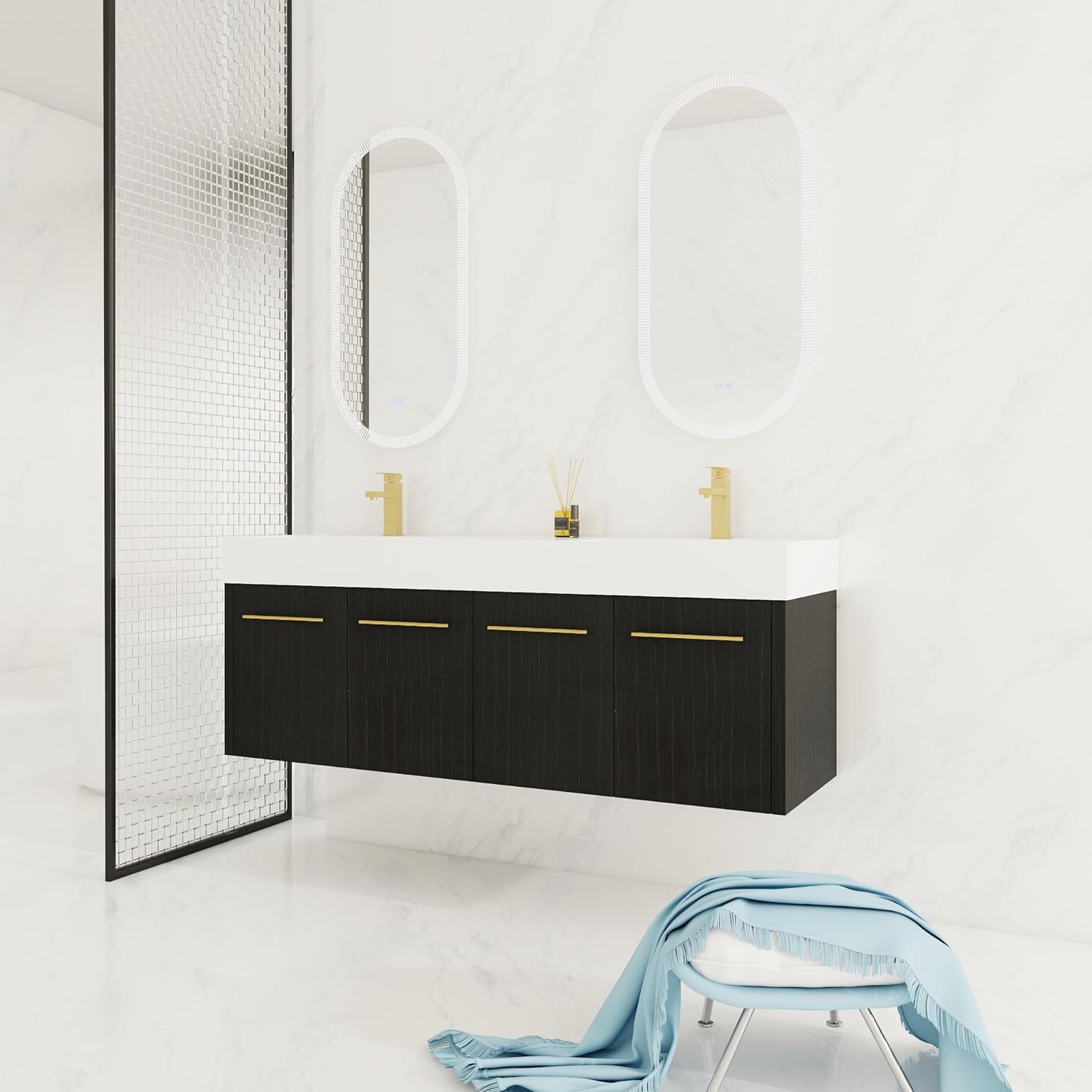 60' Black Wall Mounted Double Sink Vanity, High End Floating 4 Door Cabinet with Thicken Edge Resin Sink, 60 Inch Large Wood Vanity with Gold Handle