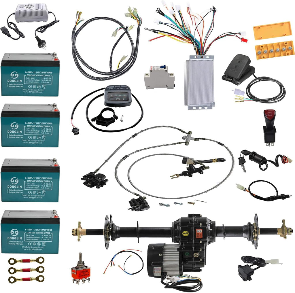 48V 1000W Brushless DC Motor Rear Axle Kit with Differential Gearbox, Speed Controller, Wiring Harness & Batteries – Electric Go Kart ATV Buggy DIY Drive System (1020mm 40')
