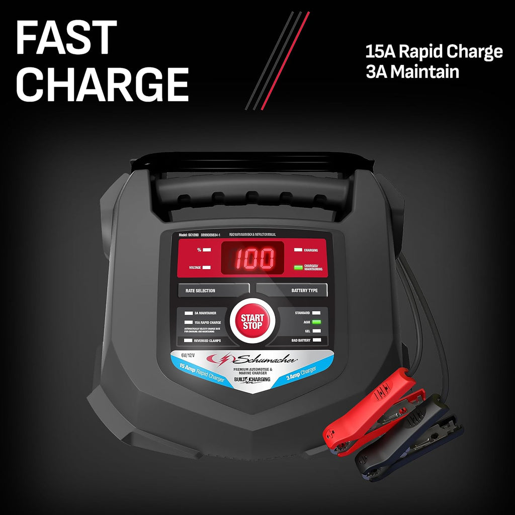 Schumacher Electric Car Battery Charger and Maintainer SC1280 4-in-1, 15 Amp, Fully Automatic for 6v and12v Automobile Batteries - Ideal for Motorcycles, Cars, Trucks, SUVs, Marine Batteries, and More