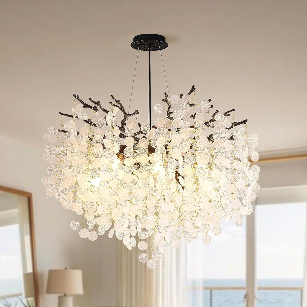 24-Inch Black Tree Branch Chandelier, 8-Light Modern Coastal Chandelier, Round Crystal Dining Room Light Fixtures for Foyer Entryway Stairwell, Bathroom Chandeliers Over Tub, E12