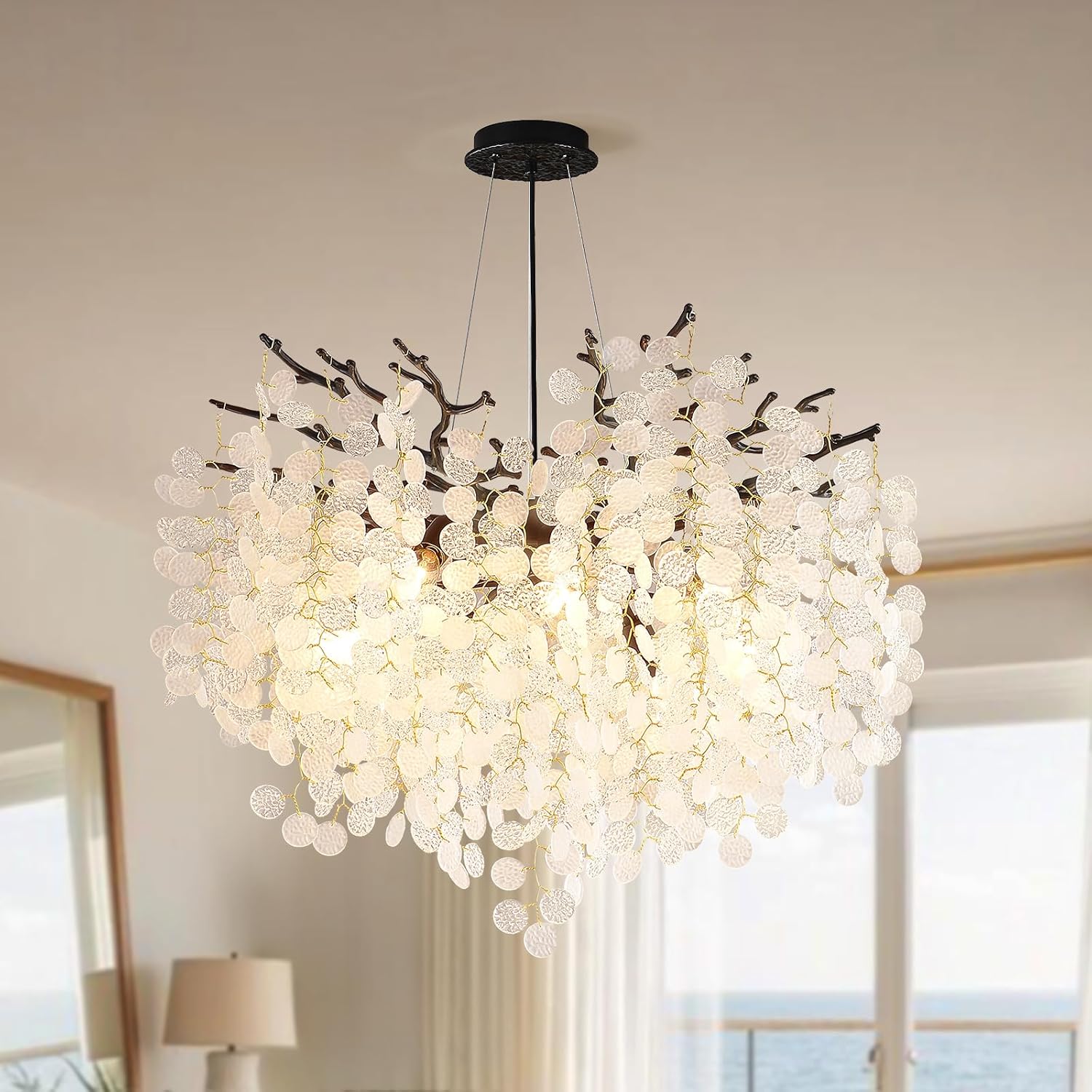 24-Inch Black Tree Branch Chandelier, 8-Light Modern Coastal Chandelier, Round Crystal Dining Room Light Fixtures for Foyer Entryway Stairwell, Bathroom Chandeliers Over Tub, E12