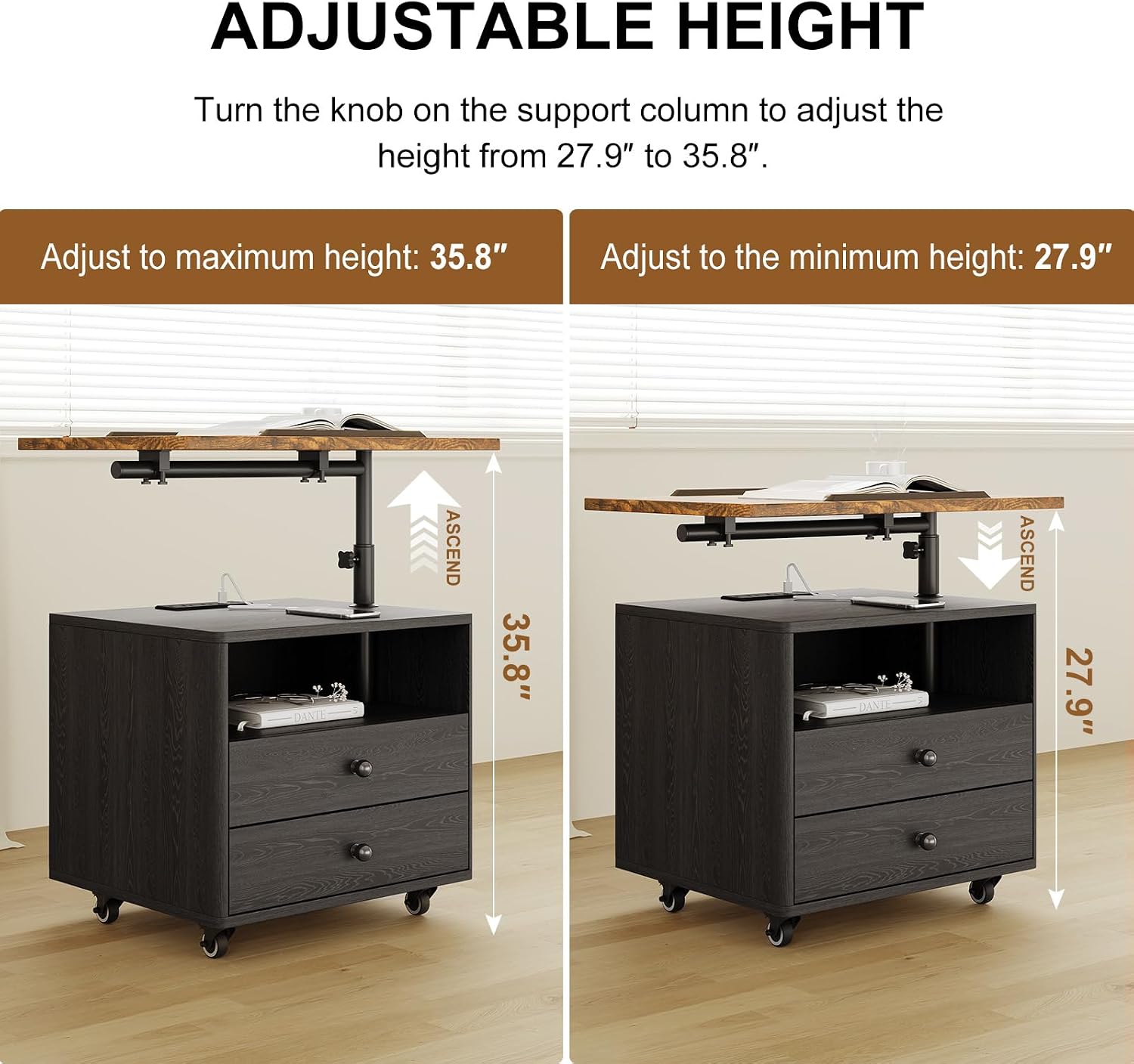 Bedroom Nightstand with Drawers & Charging Station, Adjustable Height Bedside Table with Wheels, Wooden Small Sofa Side Tables with Storage for Living Room, Black Brown