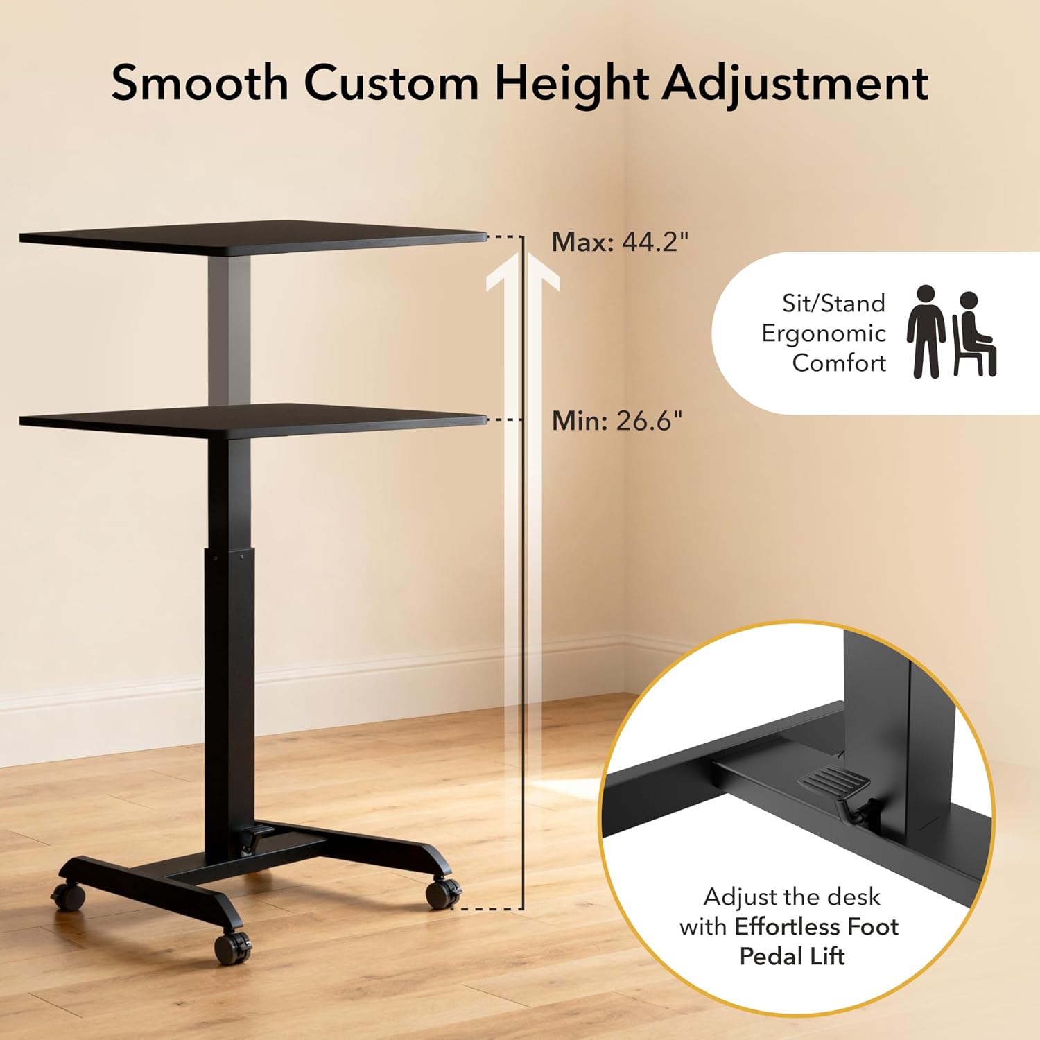 Mount-It! Rolling Laptop Desk Adjustable Height (29.6'-44.2'), Mobile Workstation Cart with 23.6' x 20.5' Desktop, Small Sit-Stand Desk for Home, Office, or Classroom in Black